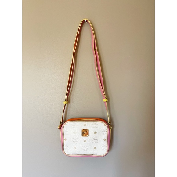 MCM Visetos Small Mini TwoWay Crossbody Leather Zip Bag Pink White Yellow Orange - Picture 1 of 9